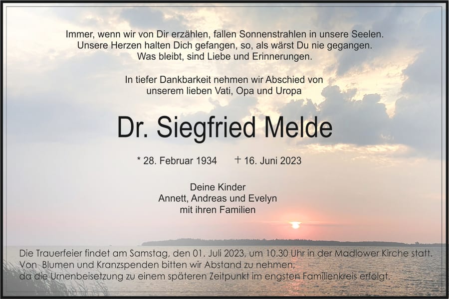 Traueranzeige Dr. Siegfried Melde