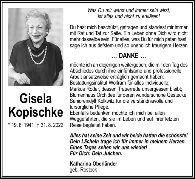 Danksagung Gisela Kopischke, geb. Rostock
