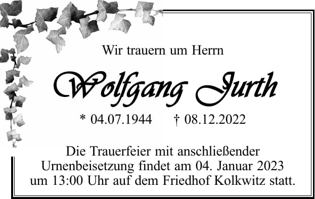 Traueranzeige Wolfgang Jurth