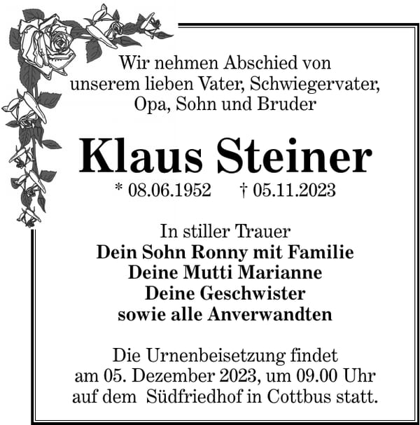 Traueranzeige Klaus Steiner