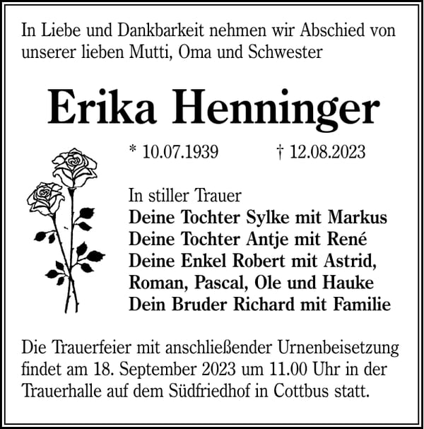 Traueranzeige Erika Henninger