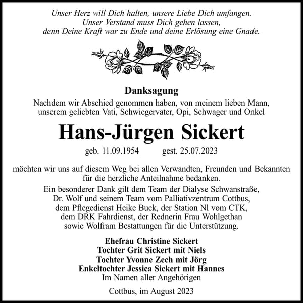 Danksagung Hans-Jürgen Sickert