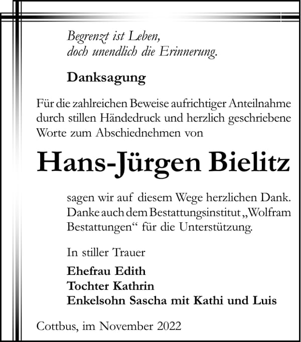 Danksagung Hans-Jürgen Bielitz