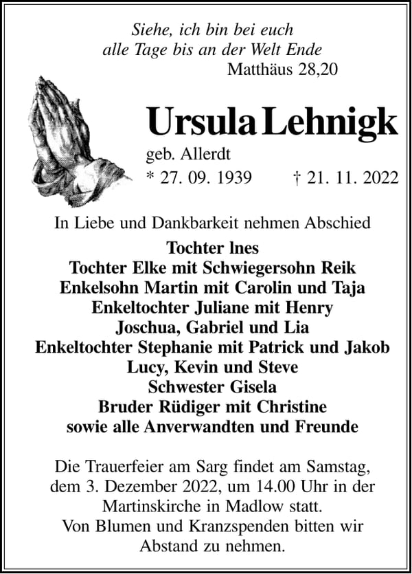 Traueranzeige Ursula Lehnigk, geb. Allerdt