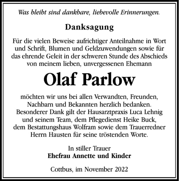 Danksagung Olaf Parlow