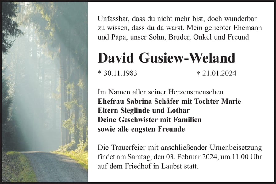 Traueranzeige David Gusiew-Weland