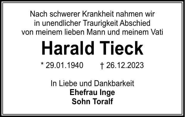 Traueranzeige Harald Tieck