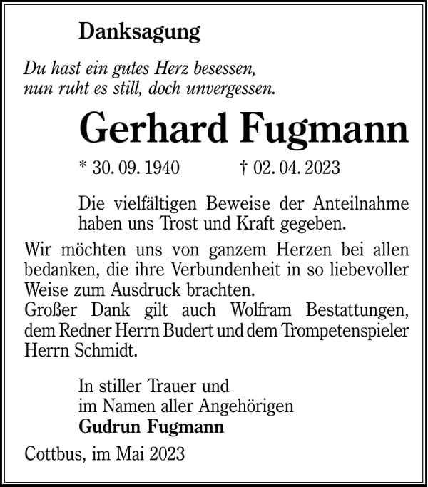 Danksagung Gerhard Fugmann