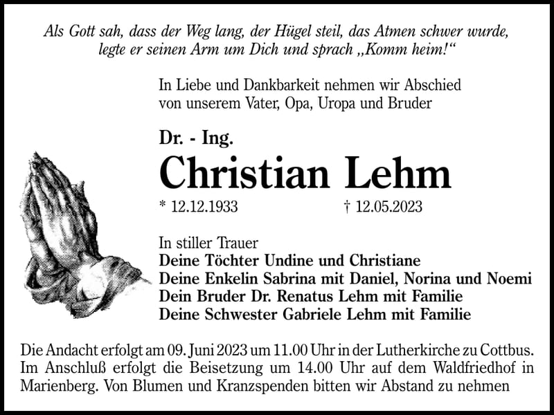Traueranzeige Christian Lehm