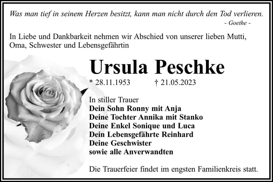 Traueranzeige Ursula Peschke