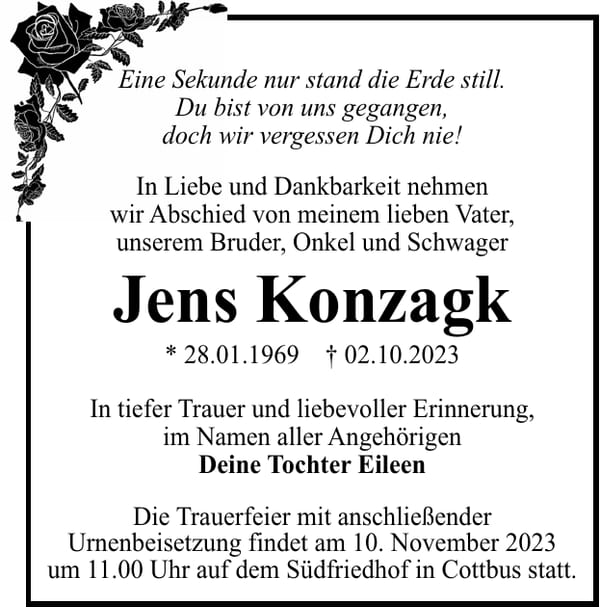 Traueranzeige Jens Konzagk