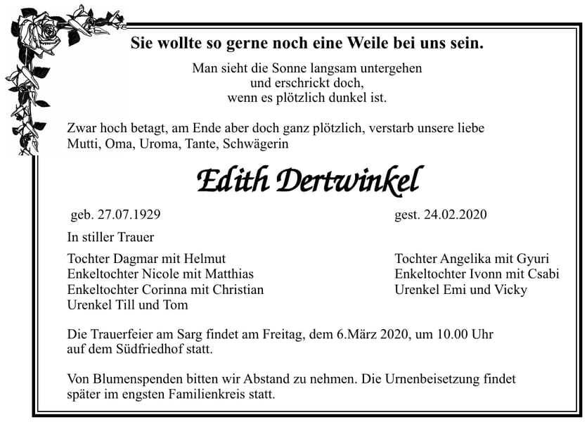 Traueranzeige Edith Dertwinkel