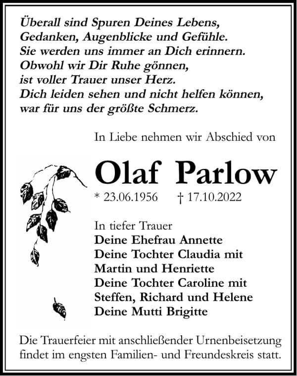 Traueranzeige Olaf Parlow