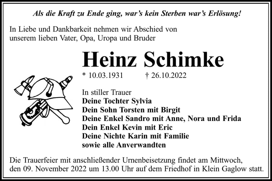 Traueranzeige Heinz Schimke