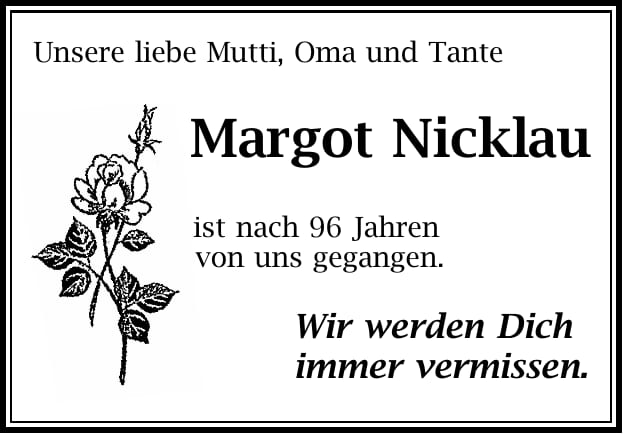 Traueranzeige Margot Nicklau