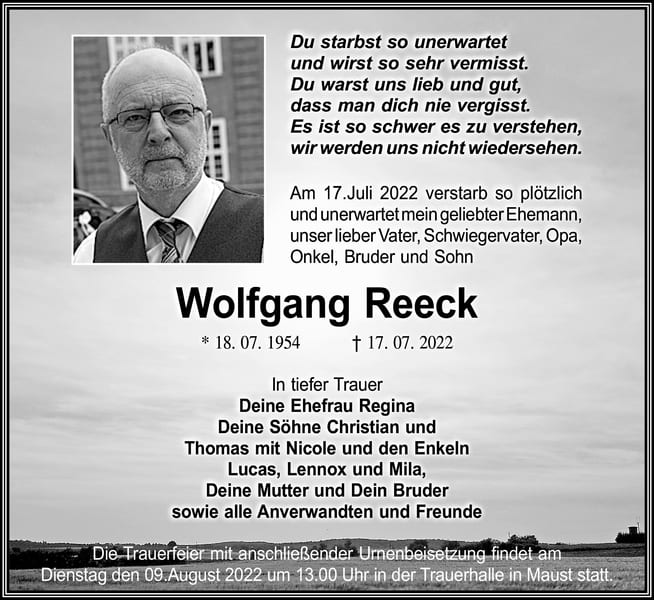 Traueranzeige Wolfgang Reeck