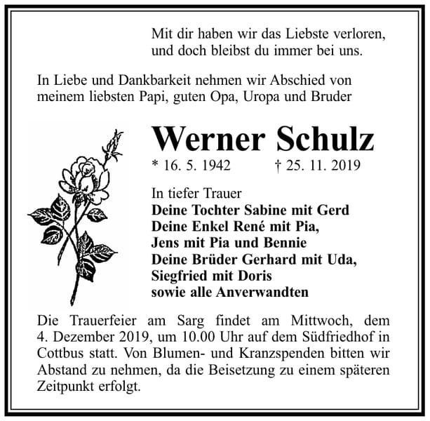 Traueranzeige Werner Schulz