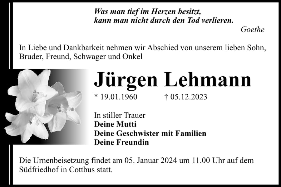 Traueranzeige Jürgen Lehmann