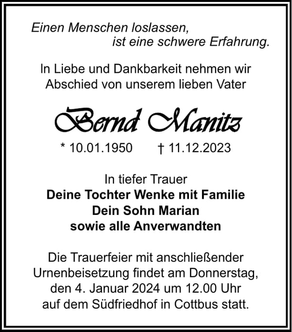 Traueranzeige Bernd Manitz
