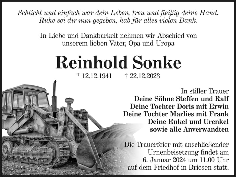 Traueranzeige Reinhold Sonke