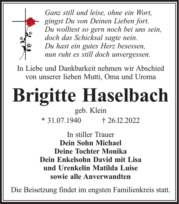 Traueranzeige Brigitte Haselbach, geb. Klein