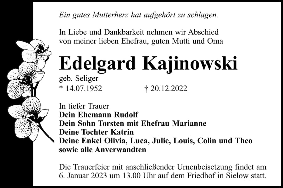 Traueranzeige Edelgard Kajinowski, geb. Seliger