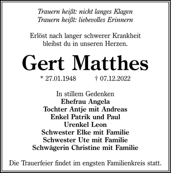 Traueranzeige Gert Matthes