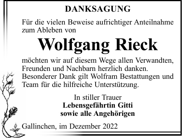 Danksagung Wolfgang Rieck