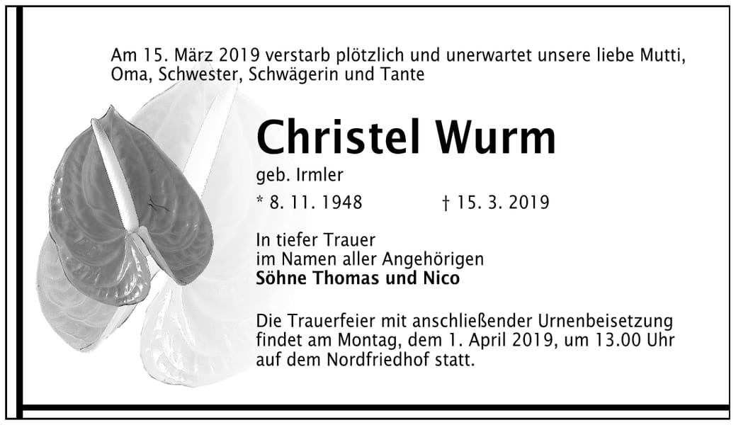 Traueranzeige Christel Wurm, geb. Irmler