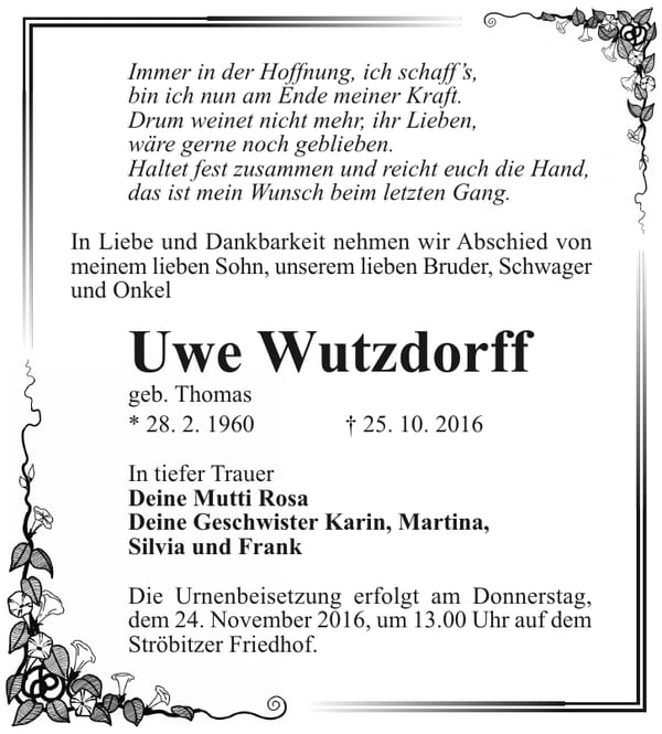 Traueranzeige Uwe Wutzdorff, geb. Thomas