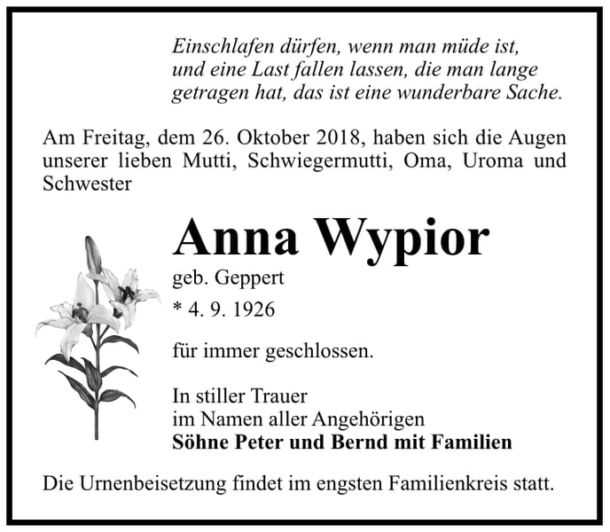 Traueranzeige Anna Wypior, geb. Geppert