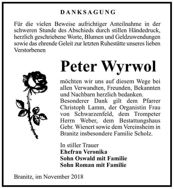 Danksagung Peter Wyrwol