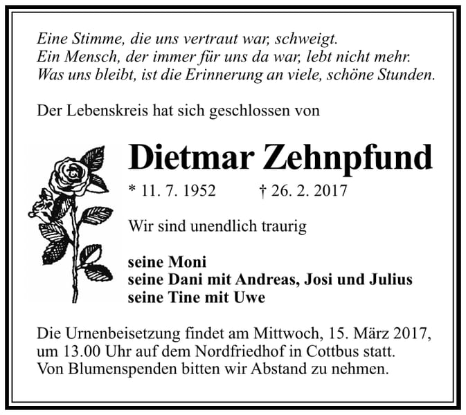 Traueranzeige Dietmar Zehnpfund