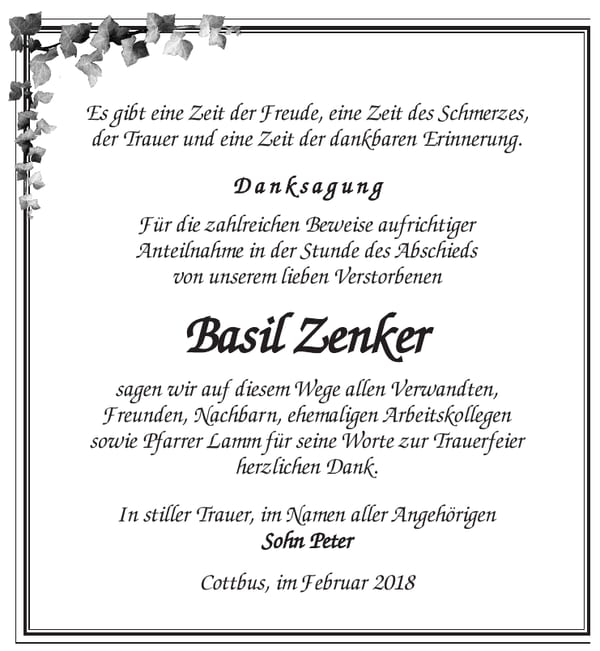 Danksagung Basil Zenker