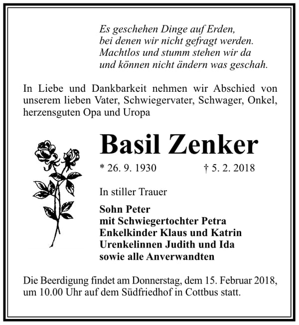 Traueranzeige Basil Zenker