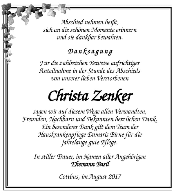 Danksagung Christa Zenker