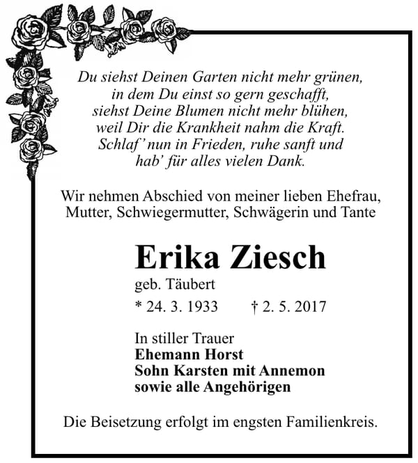 Traueranzeige Erika Ziesch, geb. Täubert