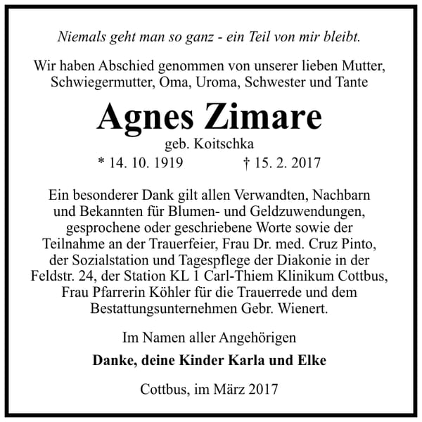 Danksagung Agnes Zimare, geb. Koitschka
