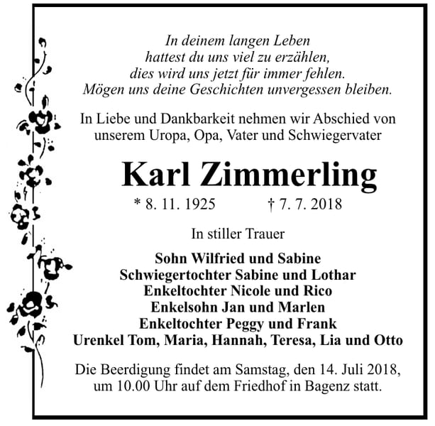 Traueranzeige Karl Zimmerling