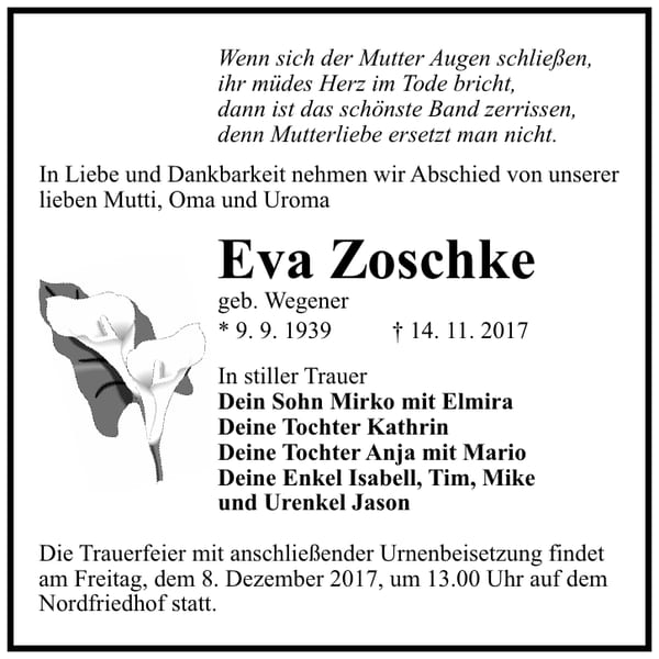 Traueranzeige Eva Zoschke, geb. Wegener
