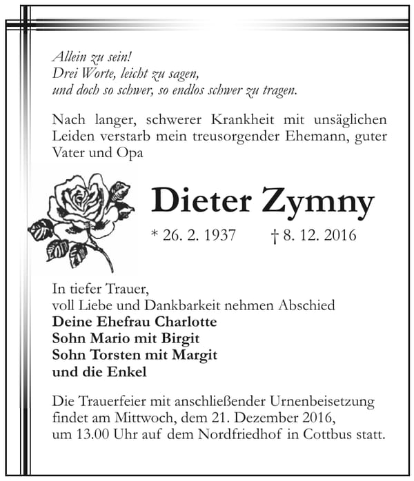 Traueranzeige Dieter Zymny