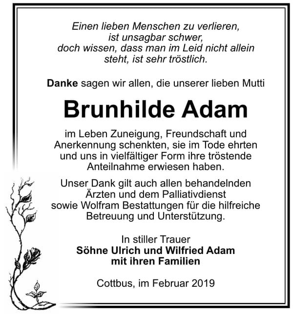Traueranzeige Brunhilde Adam