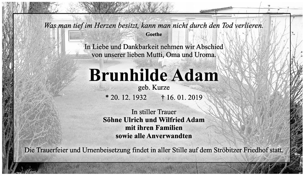 Traueranzeige Brunhilde Adam, geb. Kurze