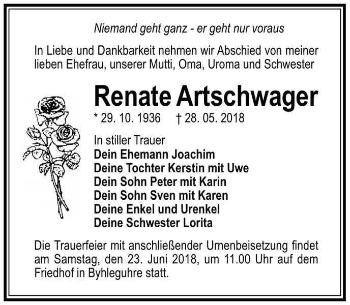 Traueranzeige Renate Artschwager