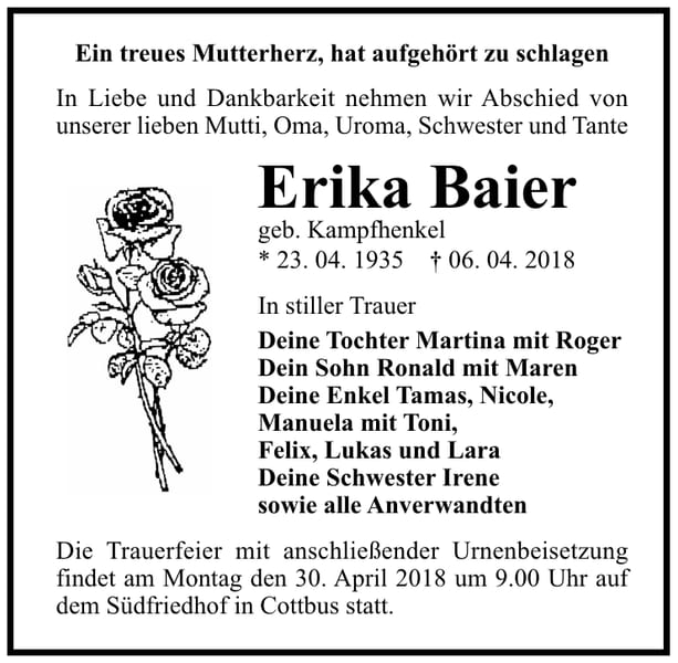 Traueranzeige Erika Baier, geb. Kampfhenkel