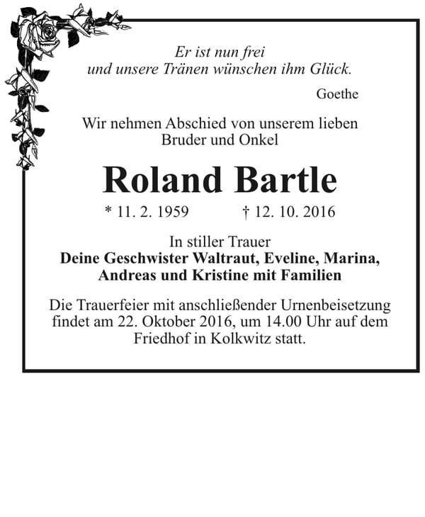 Traueranzeige Roland Bartle