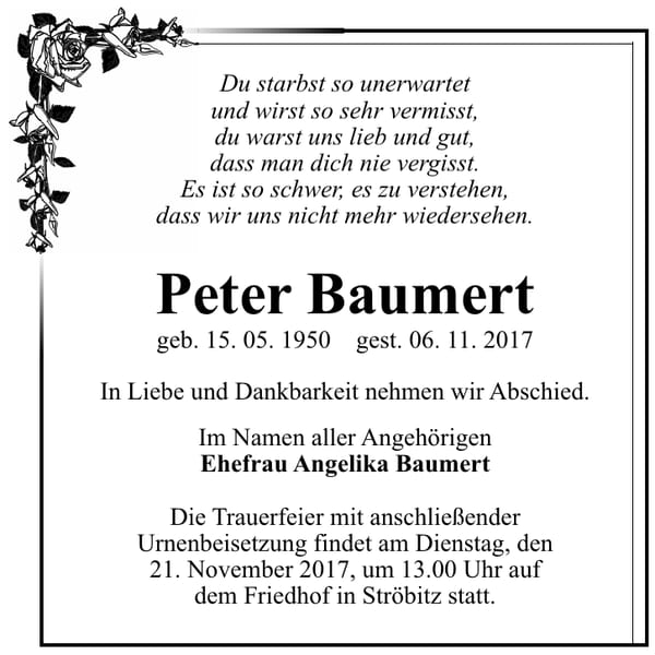Traueranzeige Peter Baumert