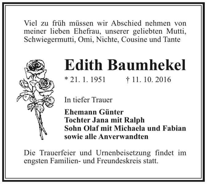 Traueranzeige Edith Baumhekel