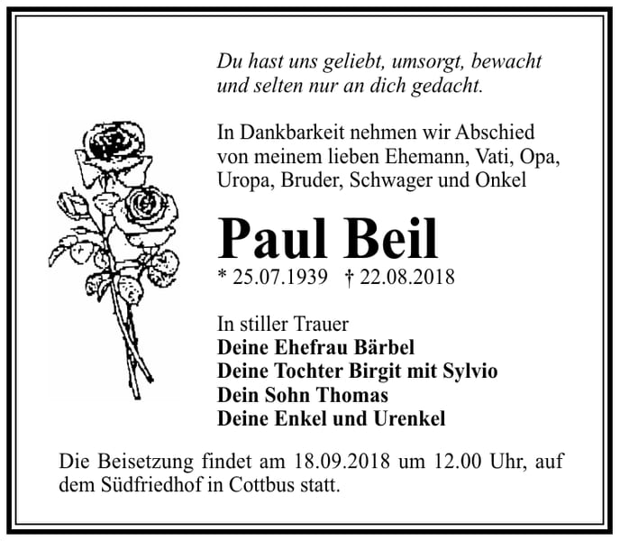 Traueranzeige Paul Beil