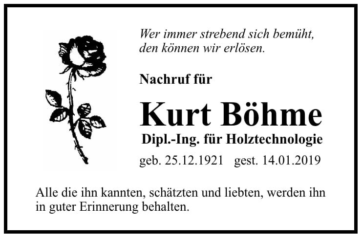 Traueranzeige Dipl.-Ing. Kurt Böhme